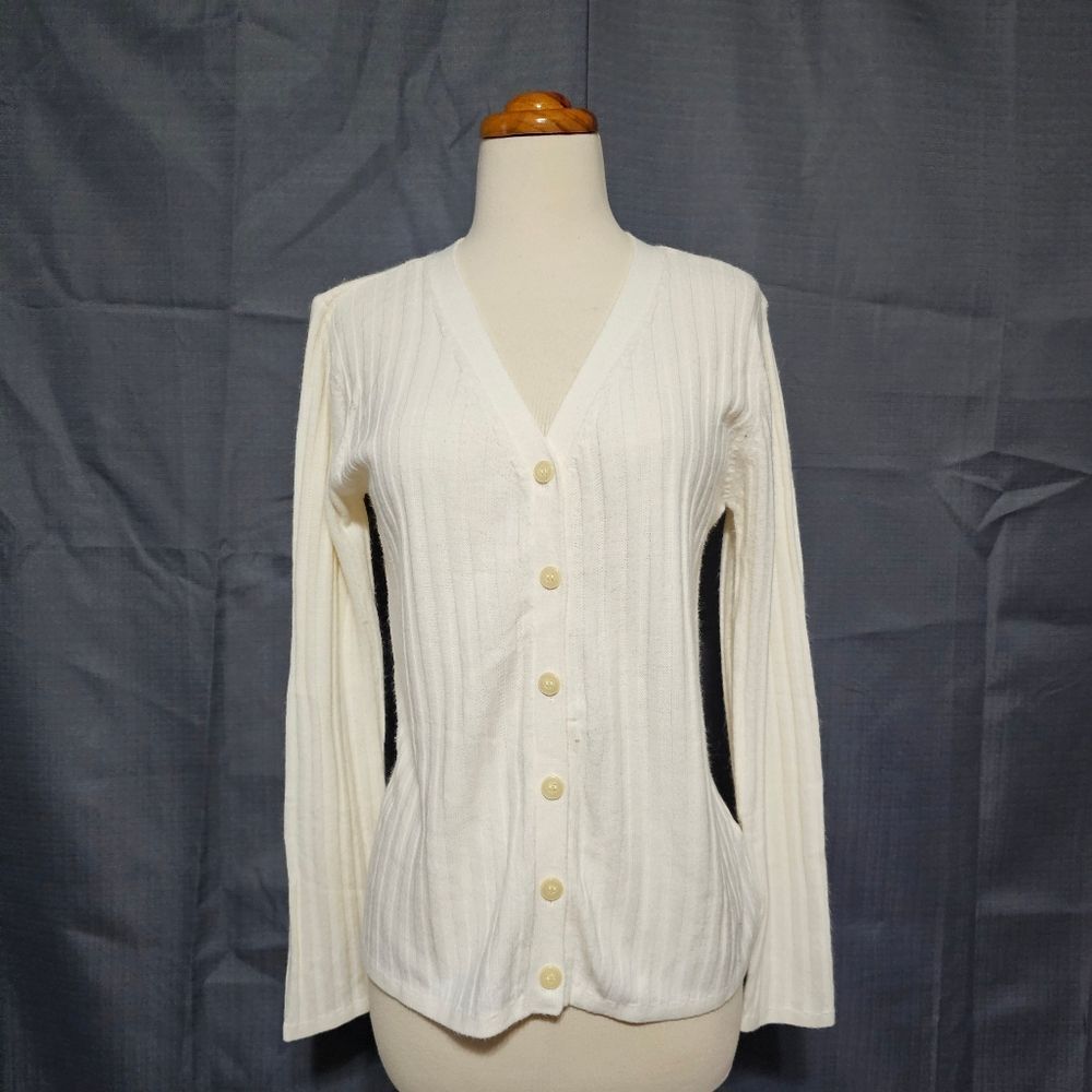 Vintage First Issue Liz Claiborne Cream Rib Knit Cardigan Sweater V-Neck S